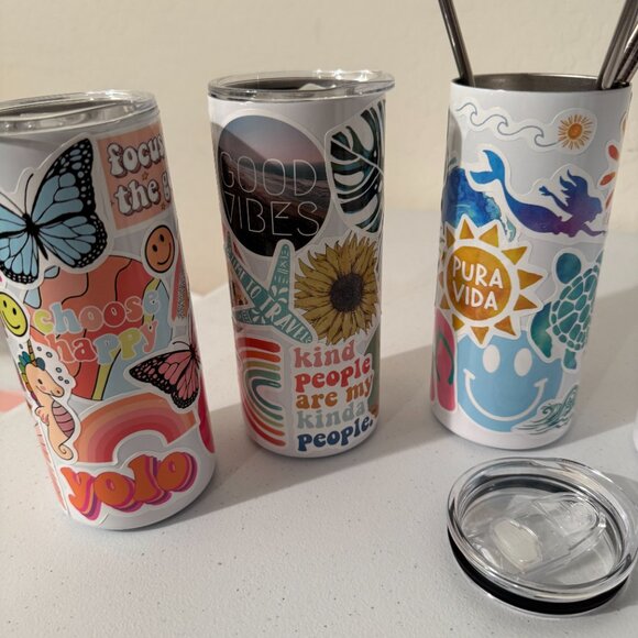 Stainless Steel Tumblers | With Lids & Straws | Set of 6 (3 Blank, 3 Decorated) - Picture 2 of 4